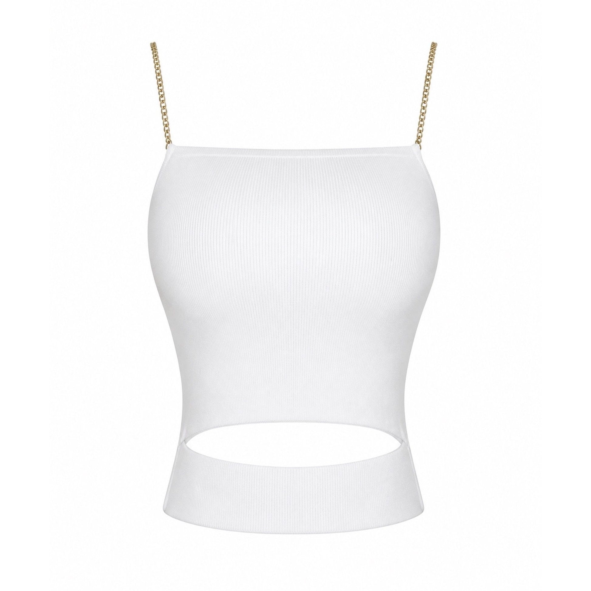 White chain strap front cutout crop top with gold chain shoulder straps and a cropped silhouette for a chic statement look. 