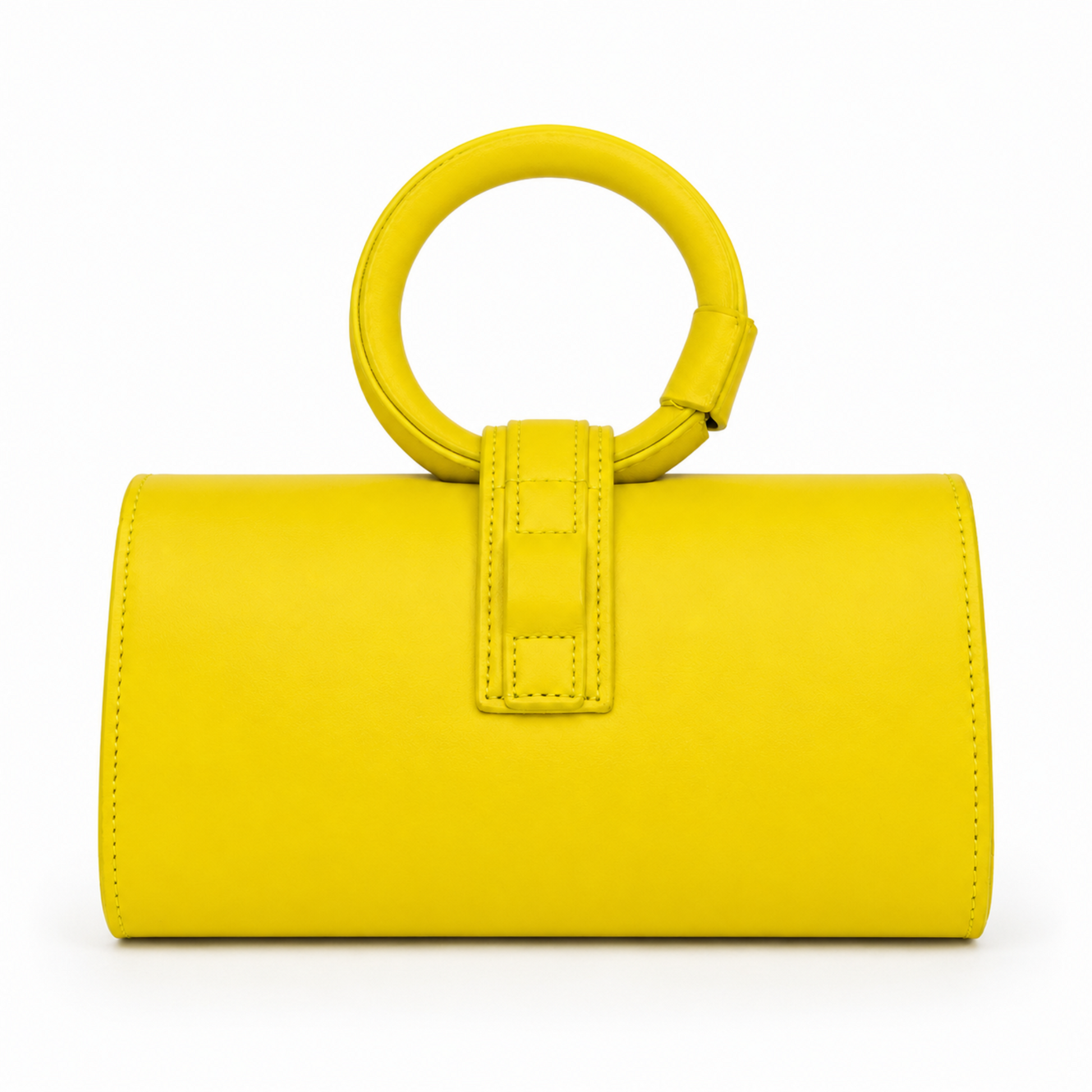 Back view of chartreuse yellow mini satchel handbag featuring a structured silhouette, smooth finish, and compact top handle design.