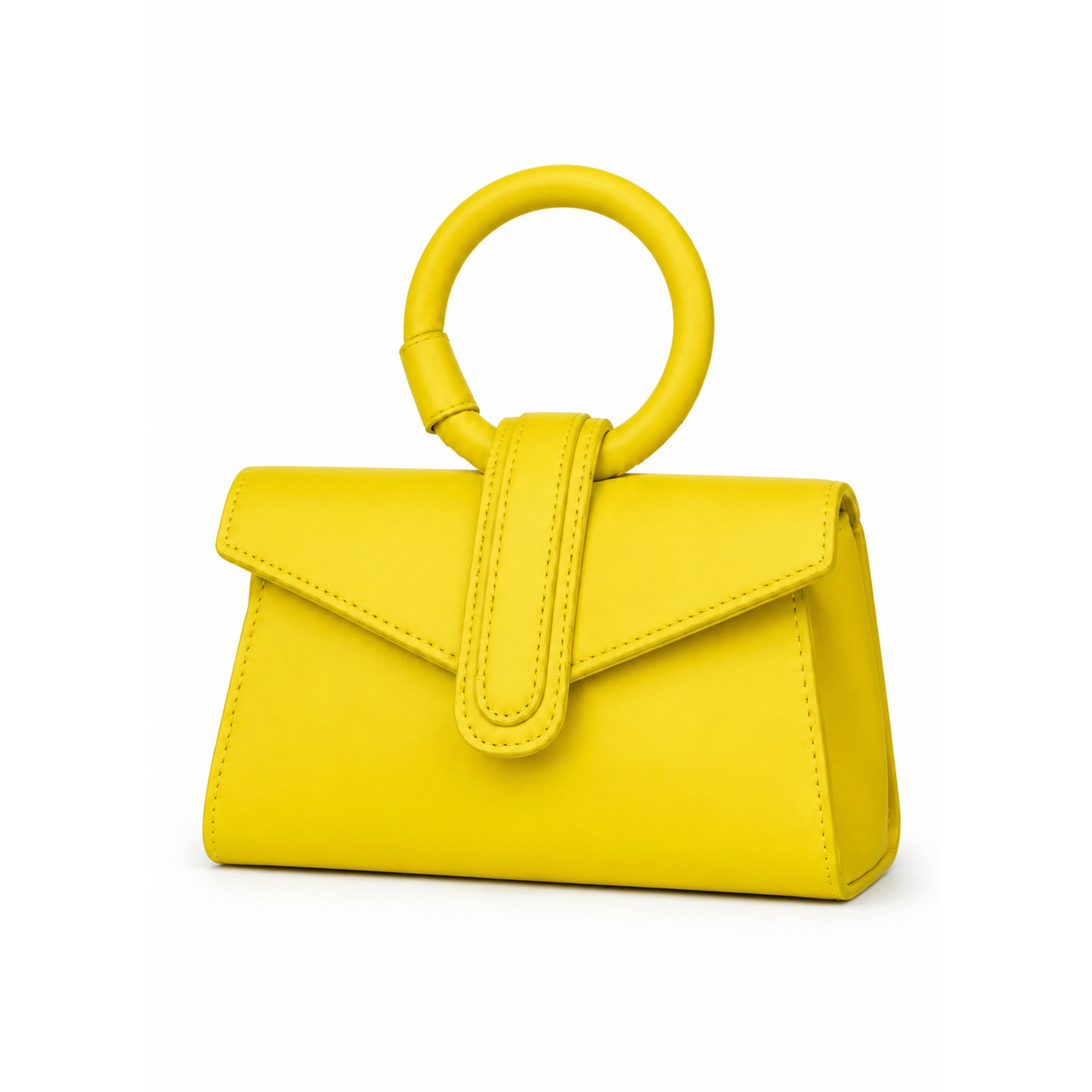 Chartreuse yellow ring handle mini satchel handbag with structured silhouette, envelope flap closure, and top handle design for stylish everyday wear.