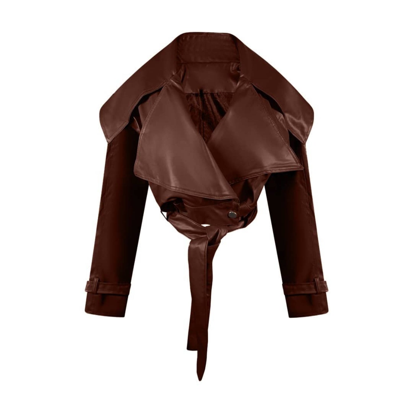 Women’s cropped trench coat in rich mocha brown with button closure and waist belt.