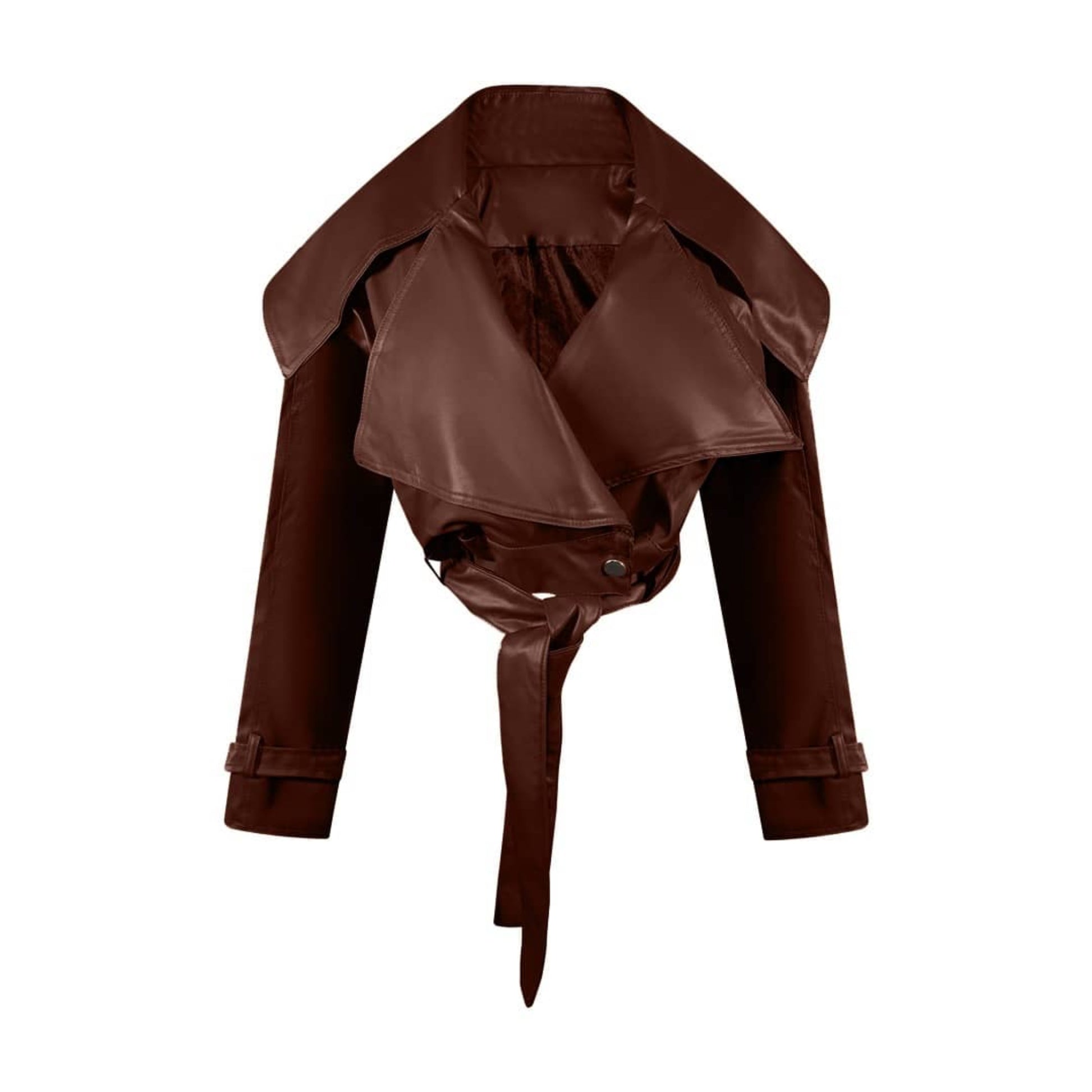 Women’s cropped trench coat in rich mocha brown with button closure and waist belt.