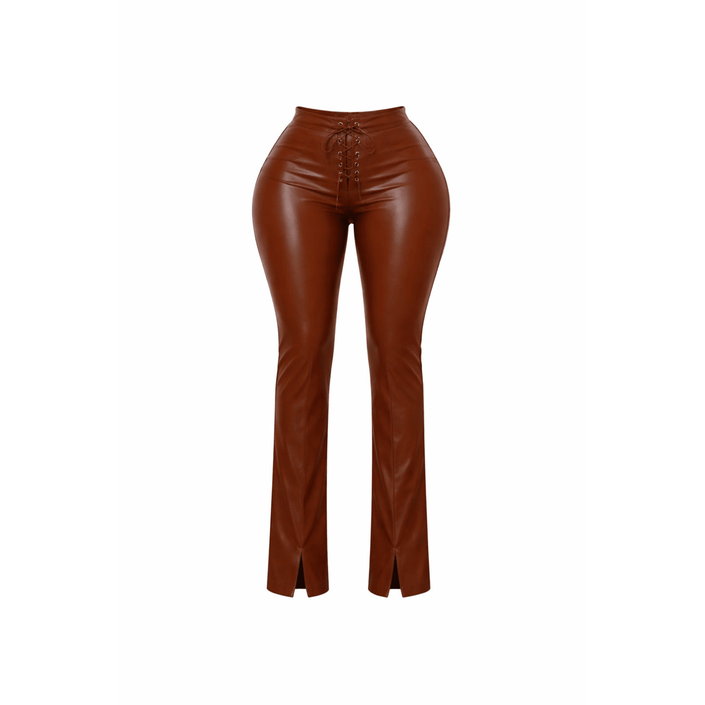 Cognac brown faux leather lace-up flare pants, high-waisted women’s pants. 
