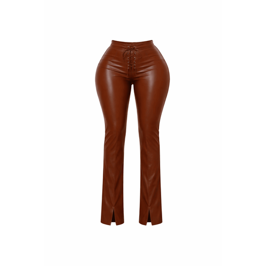 Cognac brown faux leather lace-up flare pants, high-waisted women’s pants. 