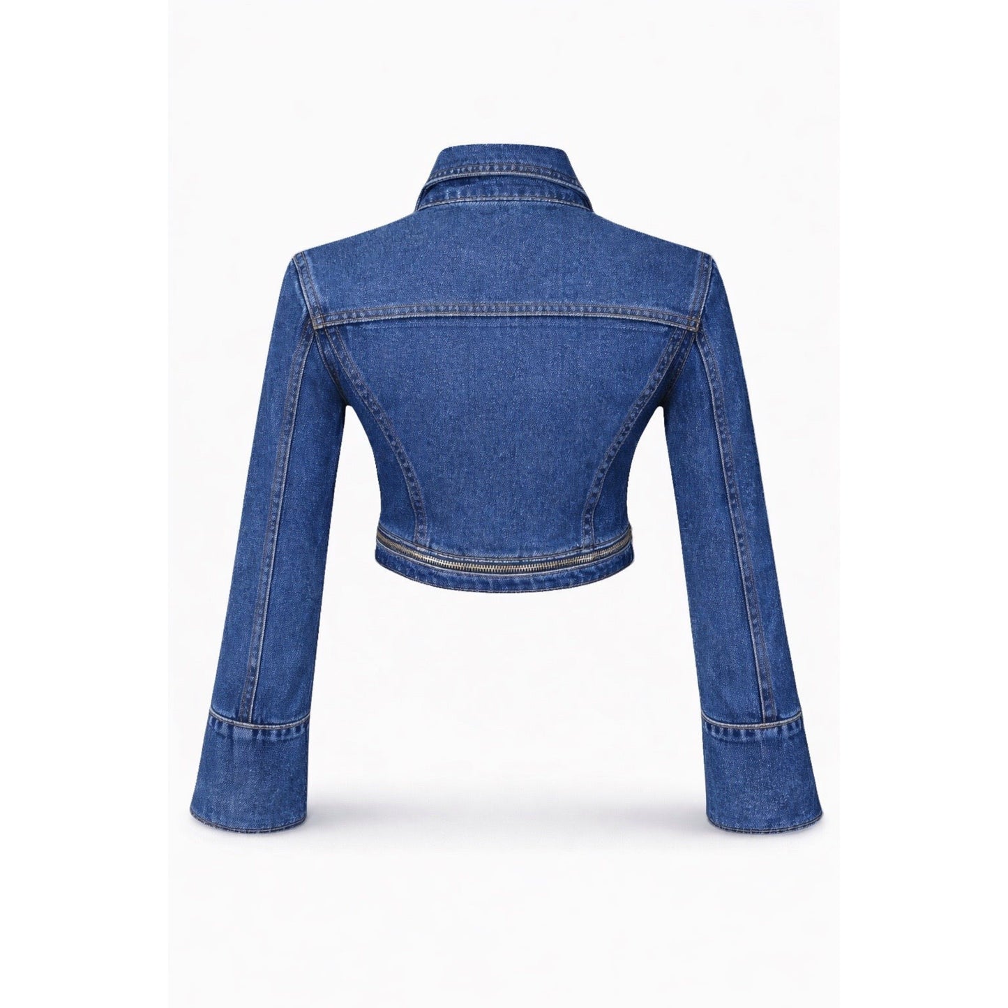 Back view of dark wash cropped denim jacket with detachable zipper hem detail, structured tailored fit, long flare sleeves and premium denim texture on white background. 