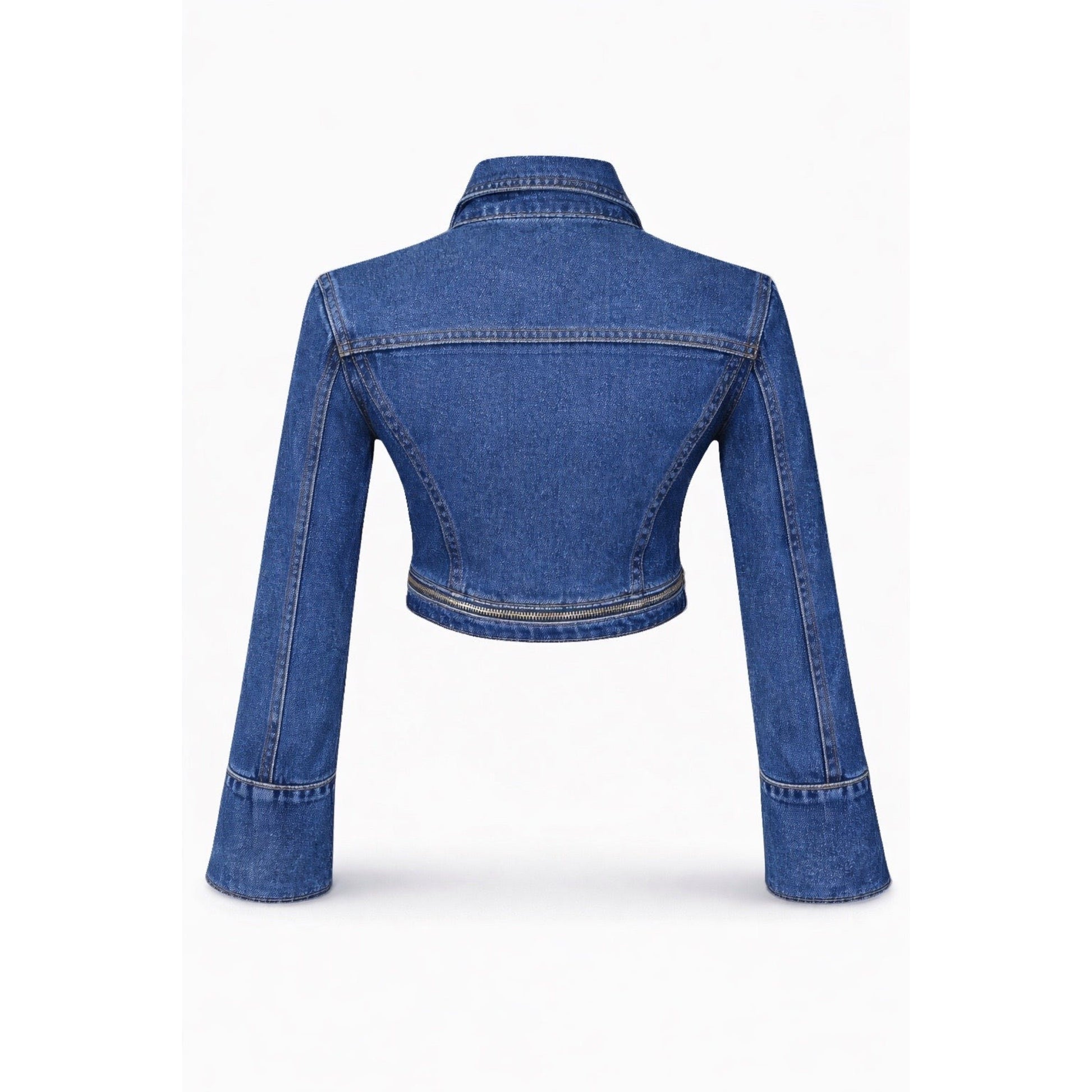 Back view of dark wash cropped denim jacket with detachable zipper hem detail, structured tailored fit, long flare sleeves and premium denim texture on white background. 