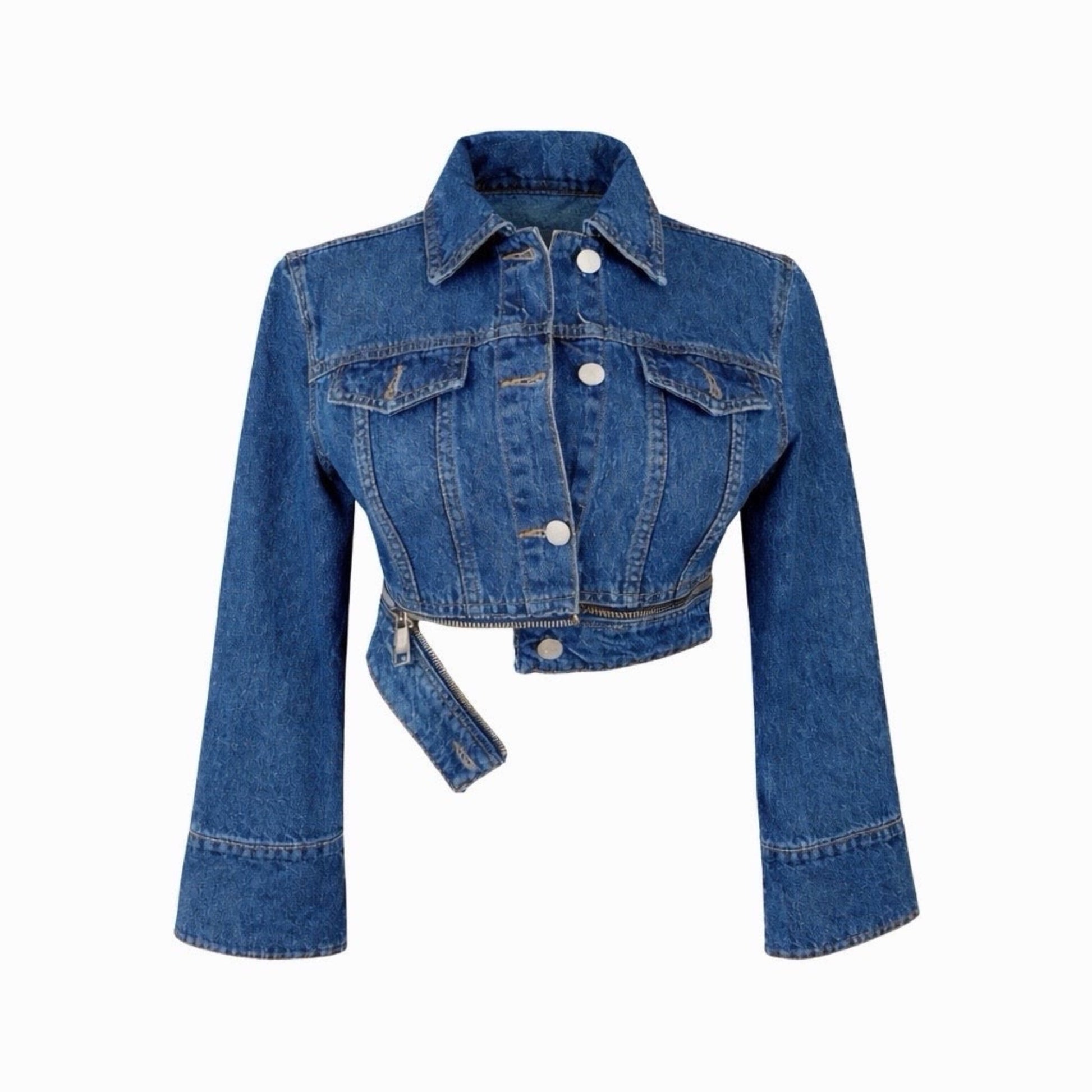 Front view of dark wash cropped denim jacket with detachable zipper hem detail, structured tailored fit, long flare sleeves, button front closure, premium denim texture, and clean white background. 