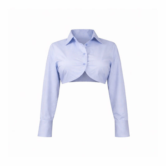 Light blue cropped top with a collared neckline, button closure, and long sleeves with extended cuffs. Stretchy nylon-spandex blend. Final sale.
