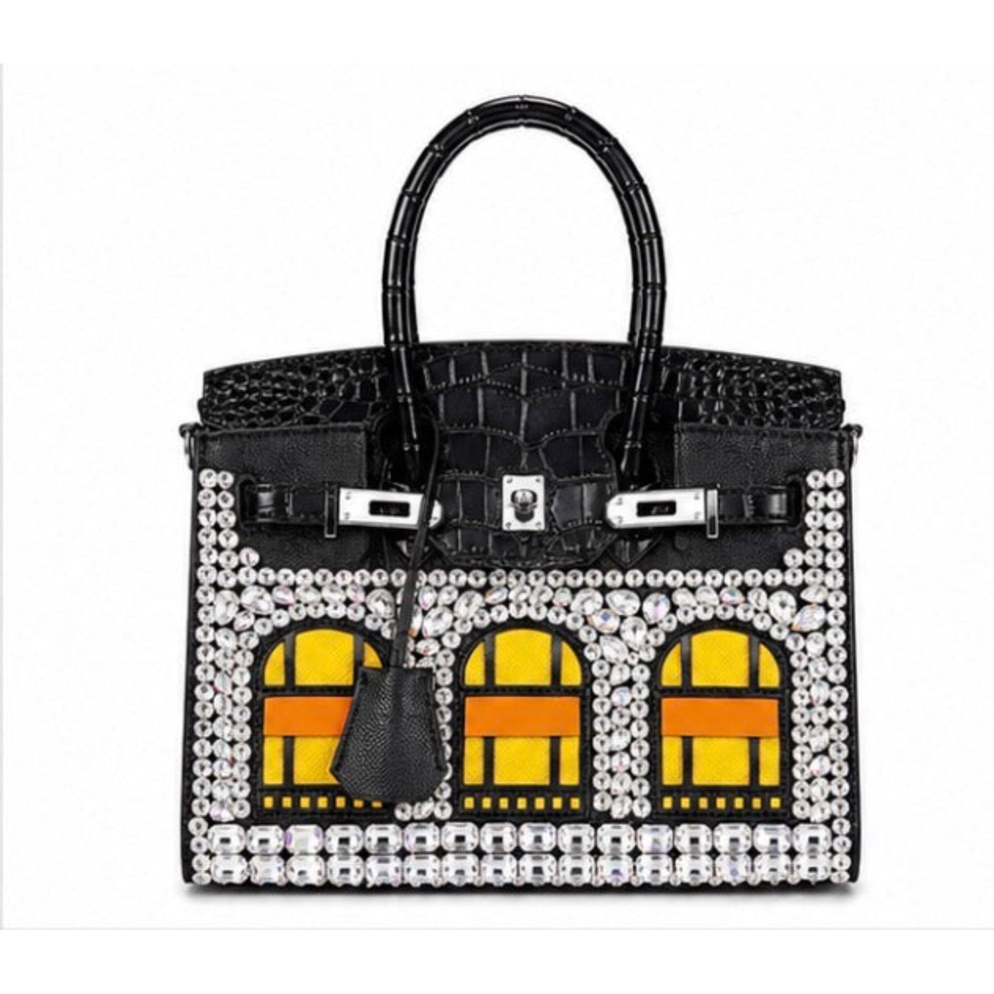 Black rhinestone handbag with crystal detailing, silver hardware, and structured satchel design 