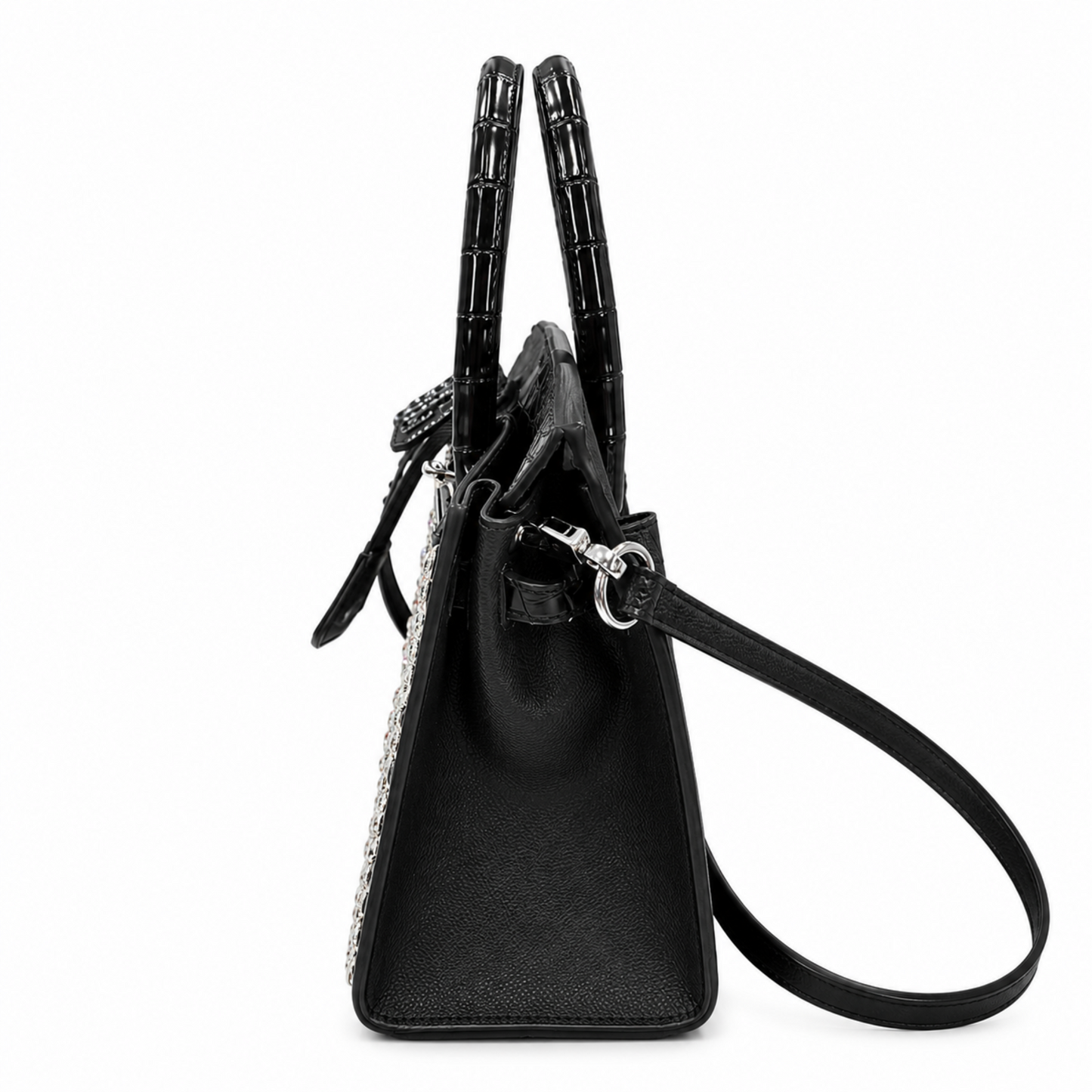 Black Crystal Palace Rhinestone Satchel Handbag with detachable shoulder strap side view.  