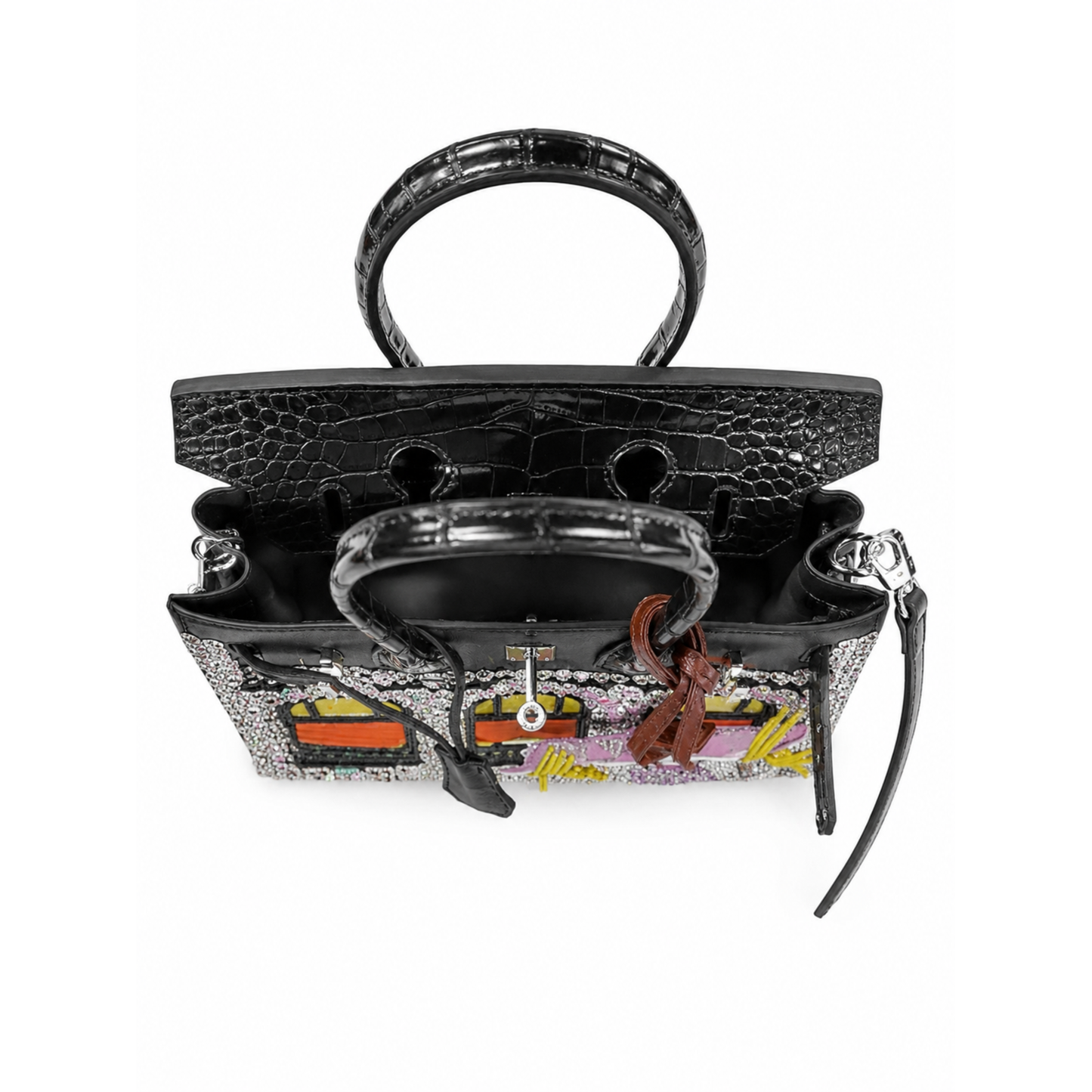 Black Crystal Palace Rhinestone Satchel Handbag with horse charm top view showing spacious interior and structured design. 