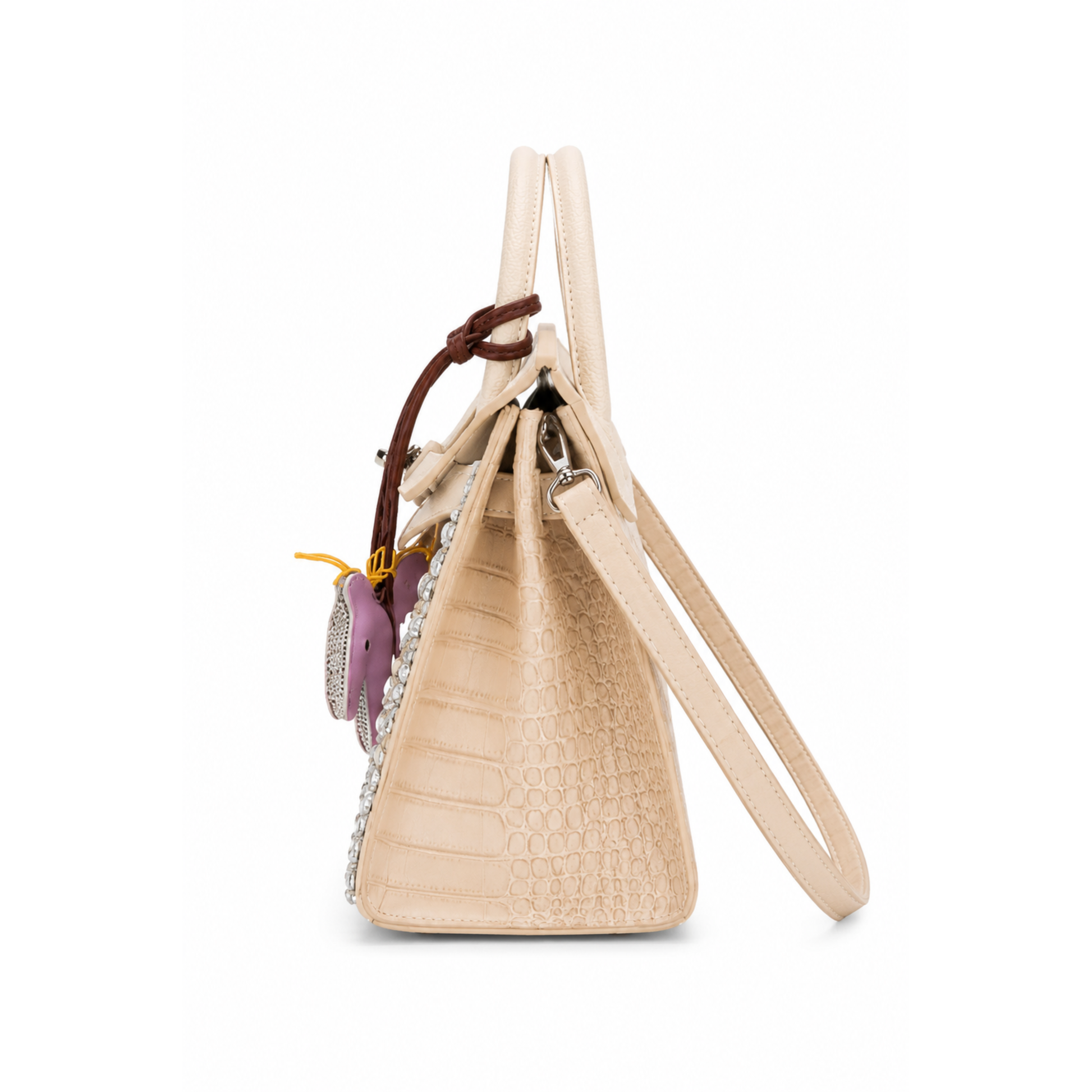 Ivory Crystal Palace Rhinestone Satchel Handbag with detachable shoulder strap side view.  
