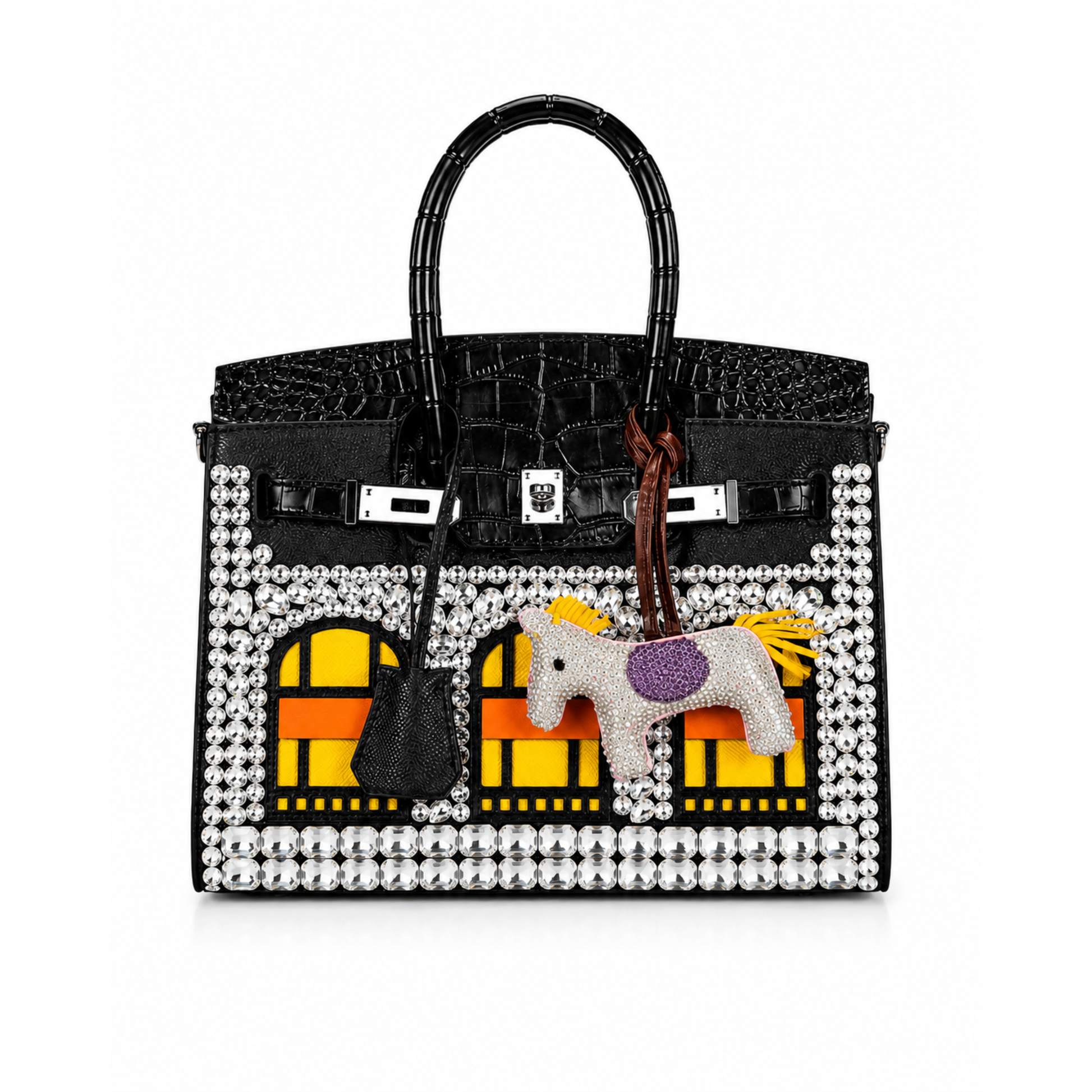 Black Crystal Palace Rhinestone Satchel Handbag with horse charm front view 