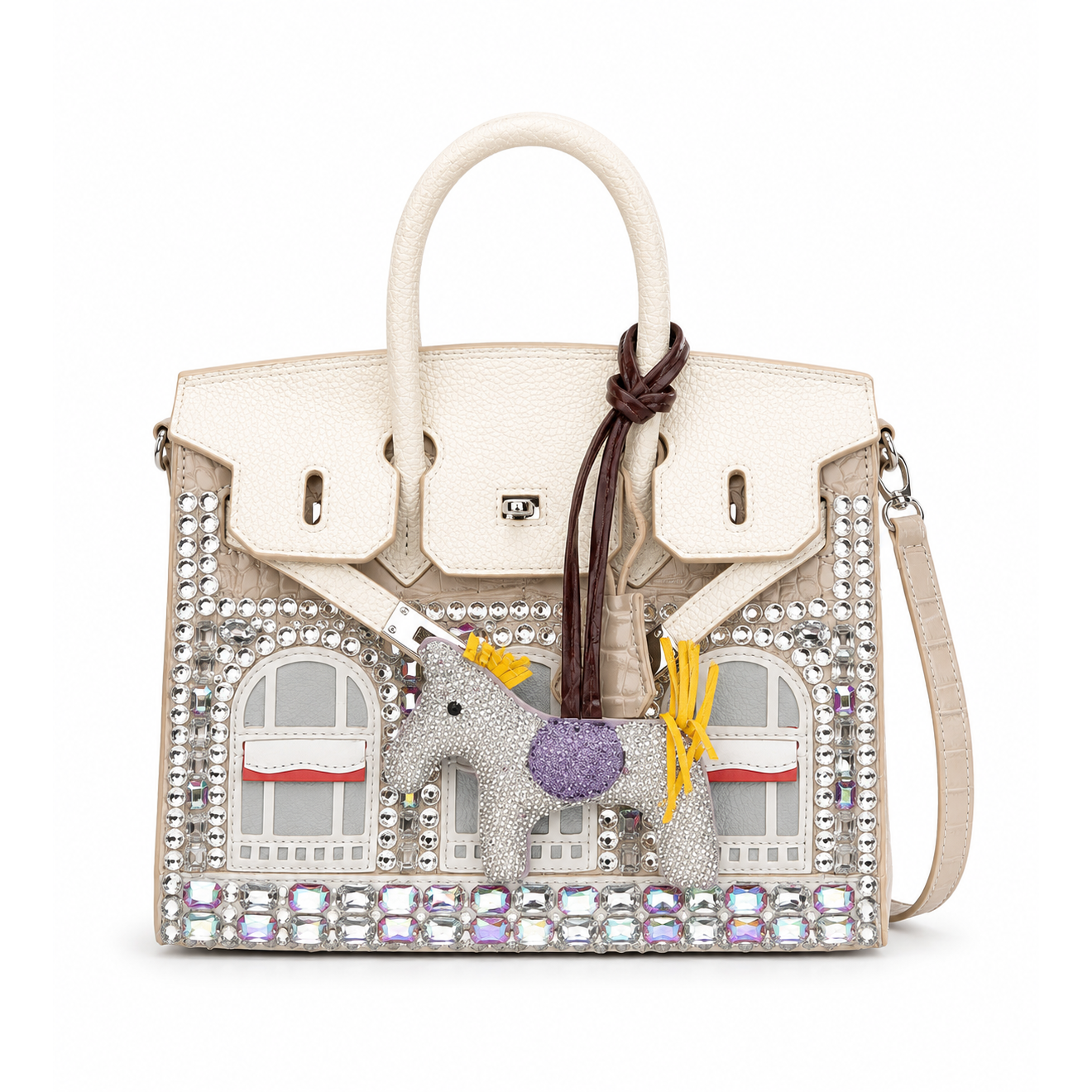 Ivory Crystal Palace Rhinestone Satchel Handbag with horse charm front view.