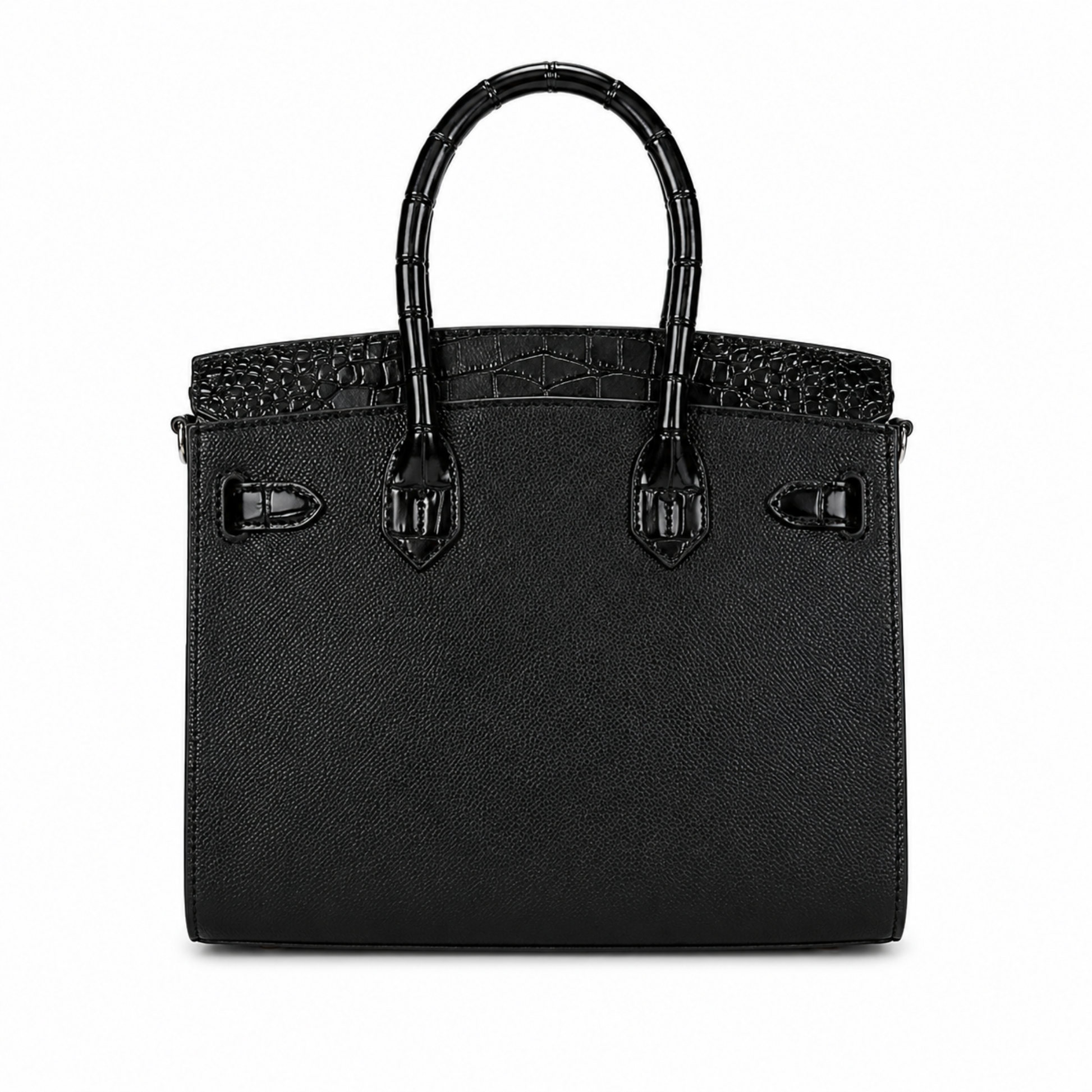 Black Crystal Palace Rhinestone Satchel Handbag with crocodile skin and top handle back view. 