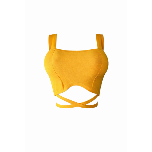 Mustard yellow cut-out back tie crop top front view by Piecez