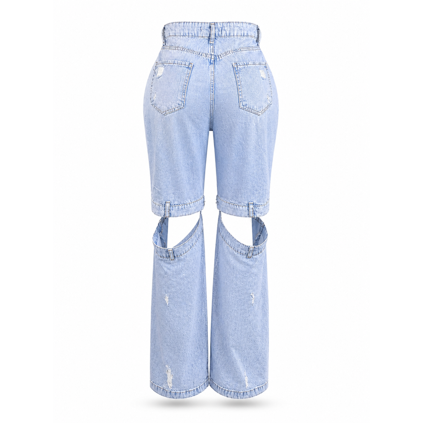 Light wash cut-out strap buckle wide leg denim jeans front view Piecez. 