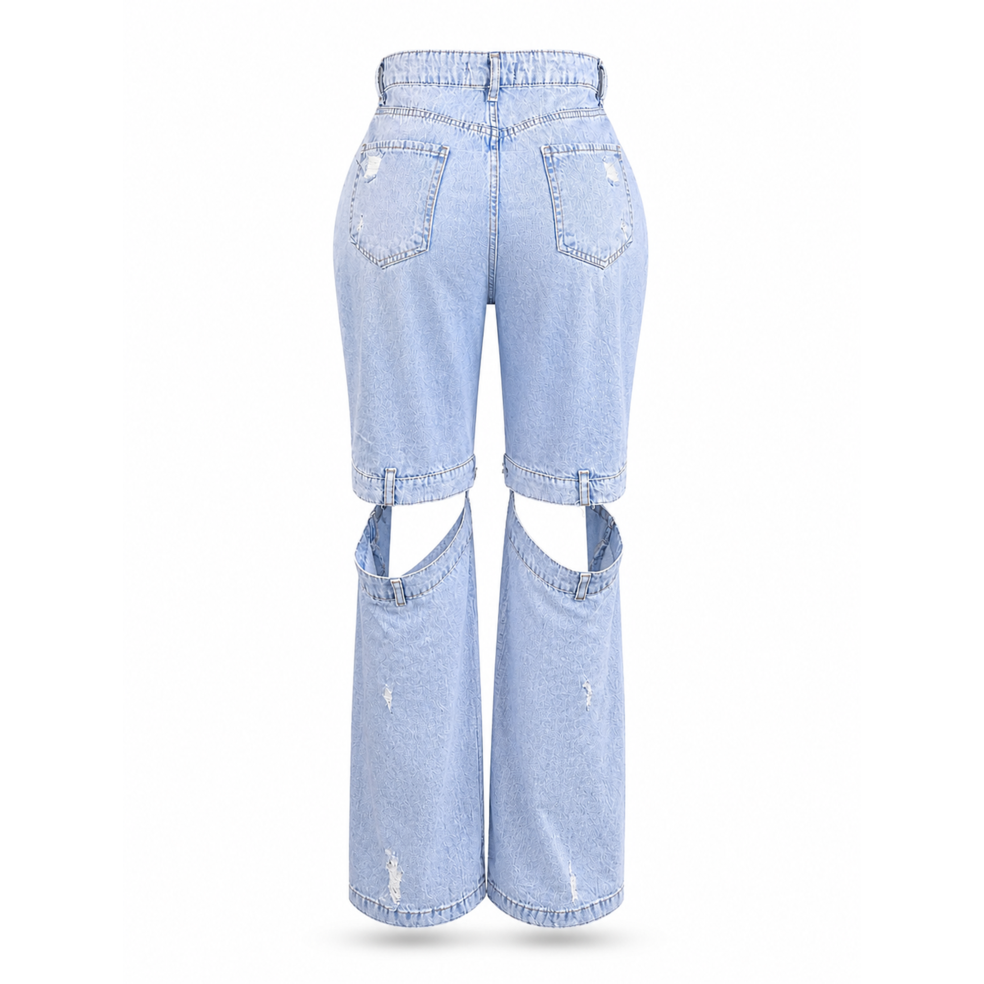 Light wash cut-out strap buckle wide leg denim jeans front view Piecez. 