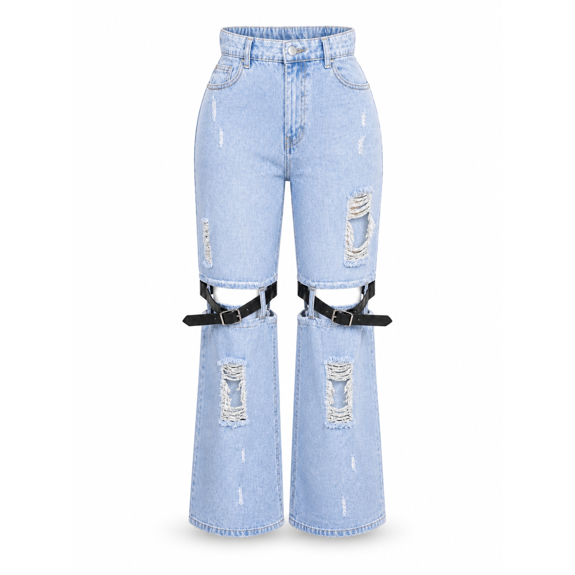 Light wash cut-out strap buckle wide leg denim jeans front view – Piecez