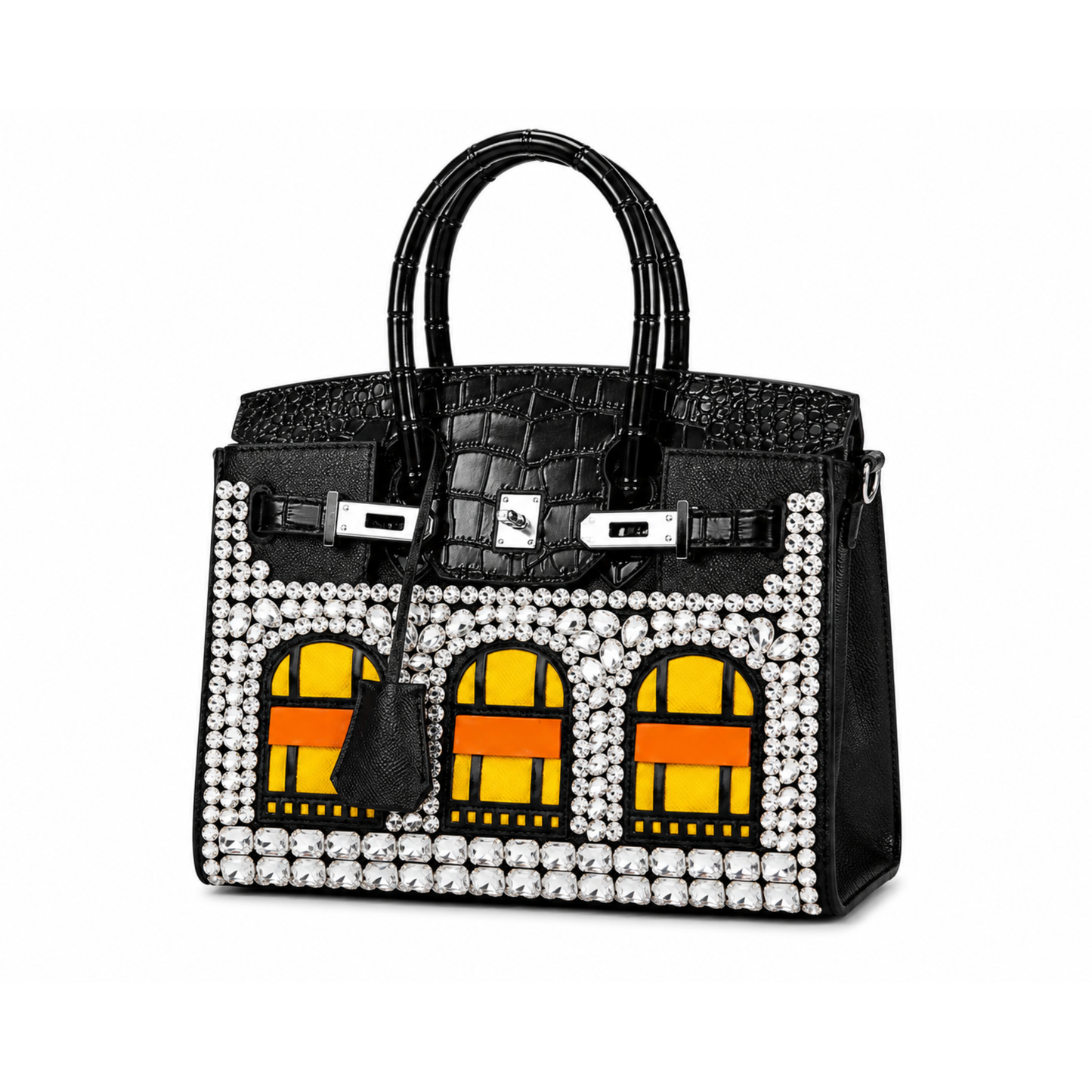 Black Crystal Palace Rhinestone Handbag front angle view with crystal embellishments, silver hardware, horse charm, and structured satchel design. 