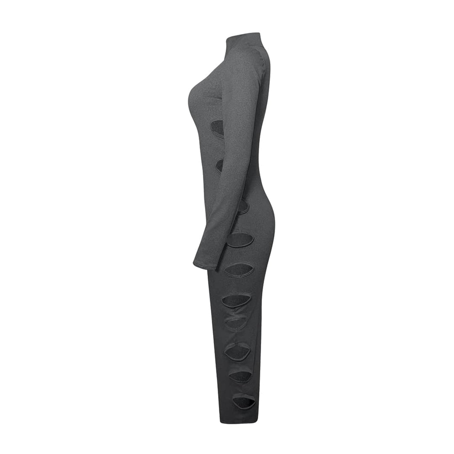 Side view of dark gray turtleneck maxi dress with side cut-out detail and long sleeves.