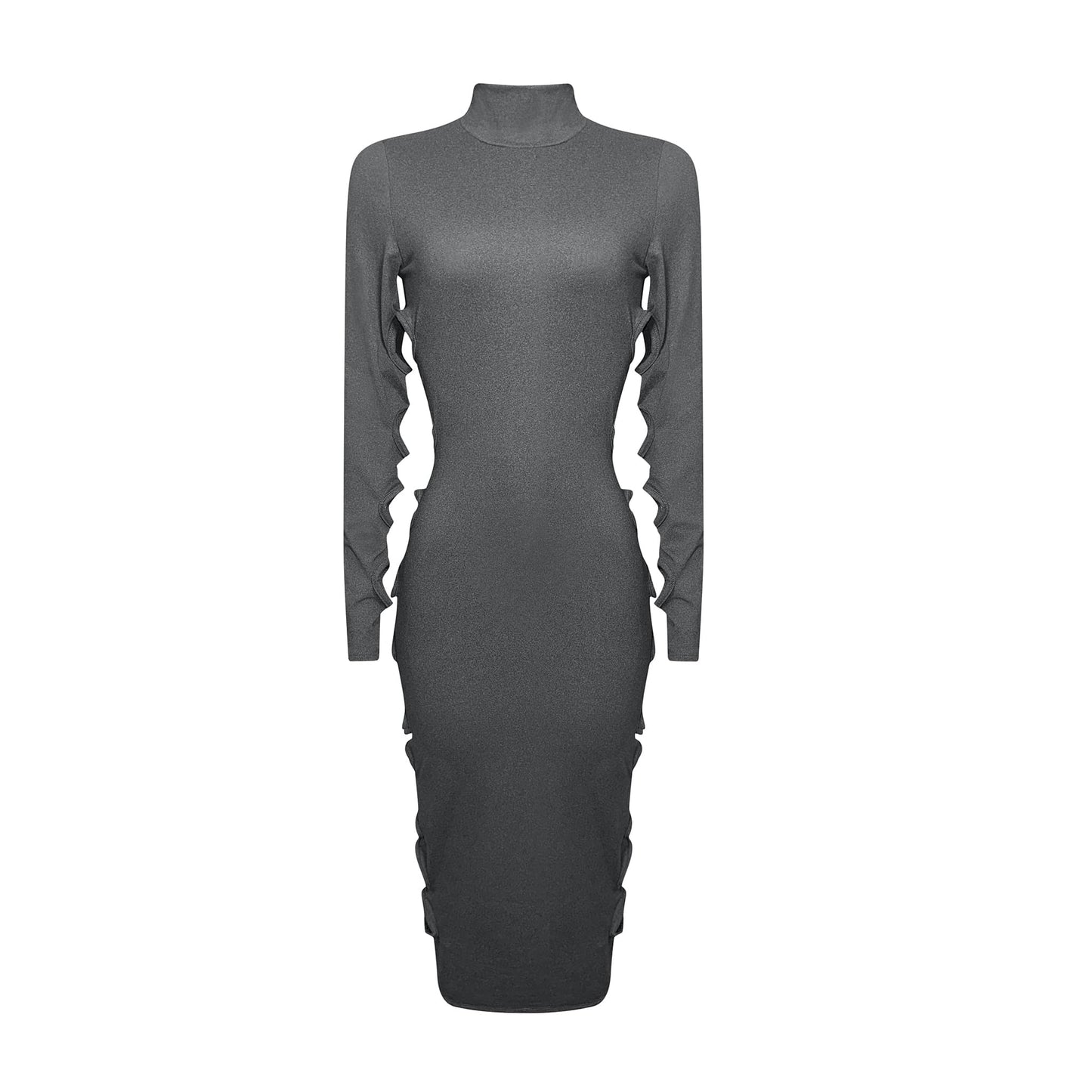 Women’s dark gray turtleneck maxi dress with side cut-out detail, long sleeves, and comfortable stretch fit.