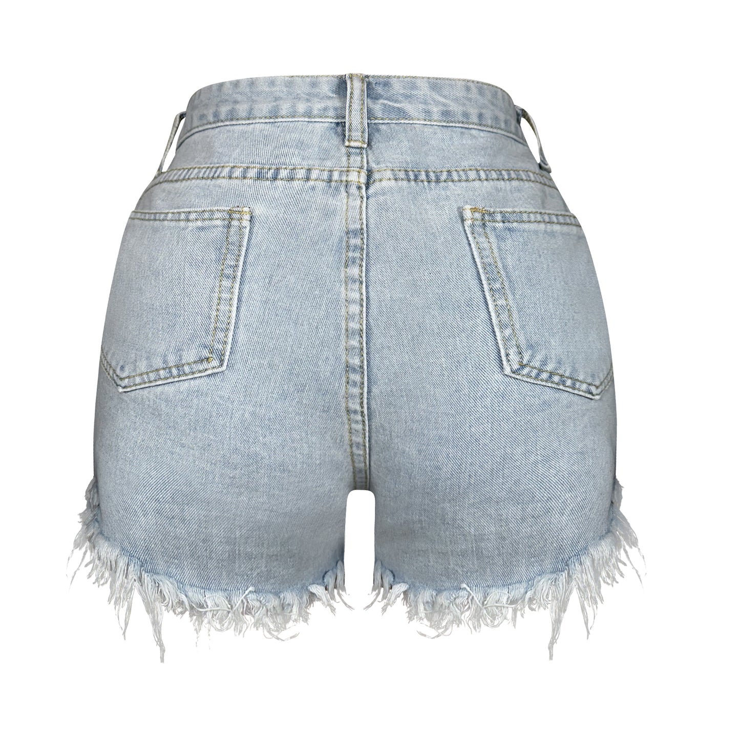 Light denim high-waisted distressed shorts with fringe and sequin beaded detail, four pockets, and stretch cotton fabric.