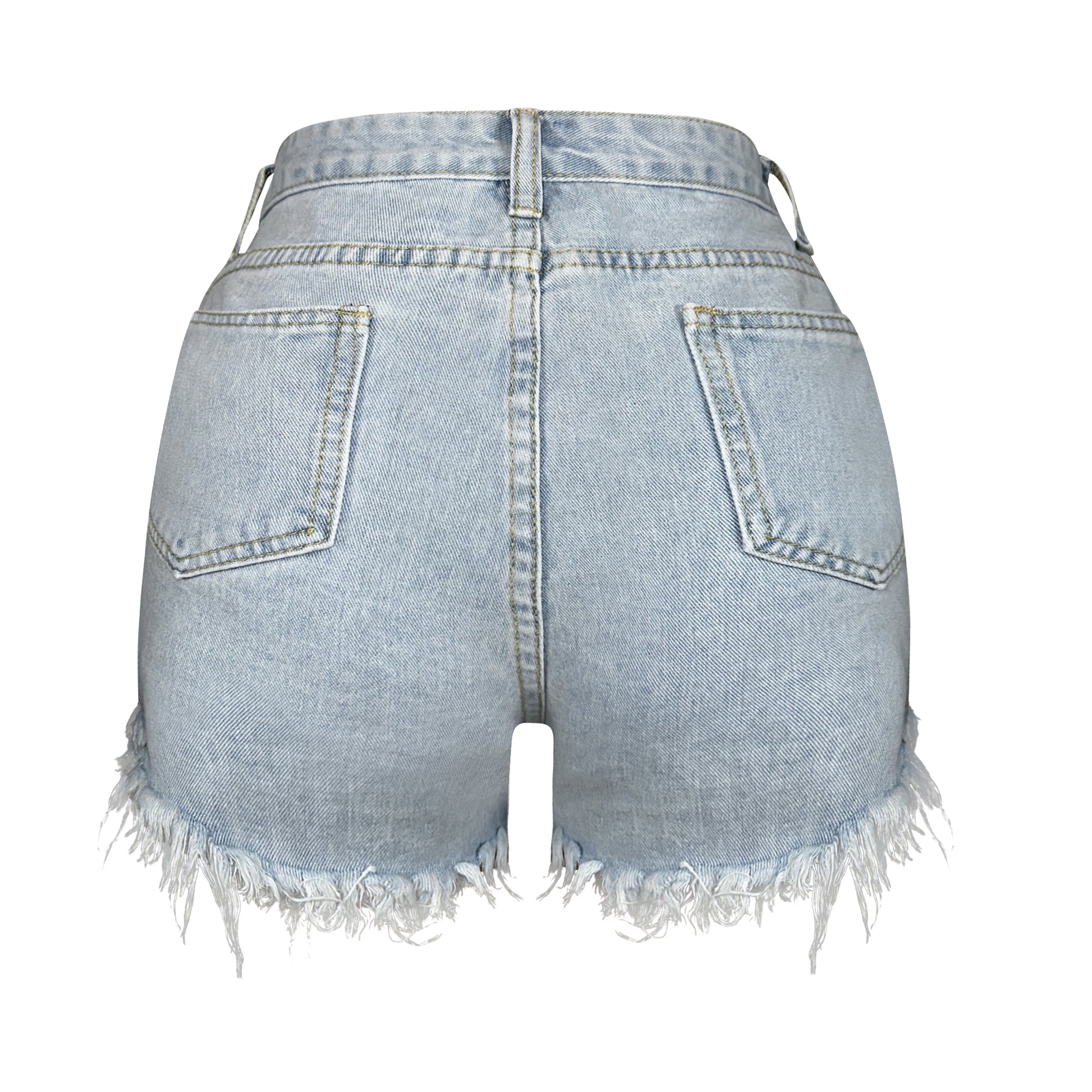 Light denim high-waisted distressed shorts with fringe and sequin beaded detail, four pockets, and stretch cotton fabric.