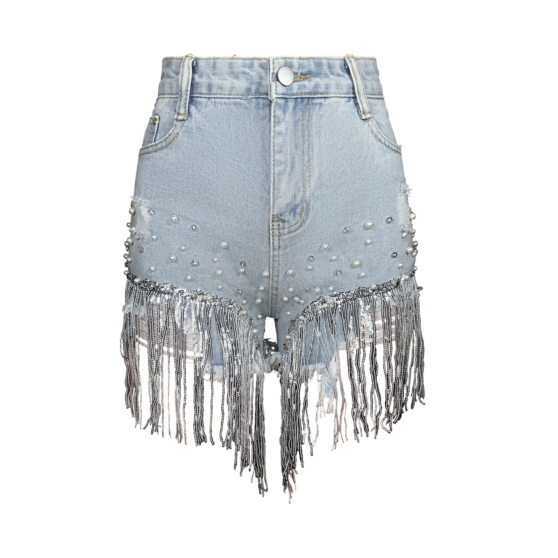  Light denim high-waisted distressed jeans with fringe and beaded detail, four pockets, and stretch cotton fabric.