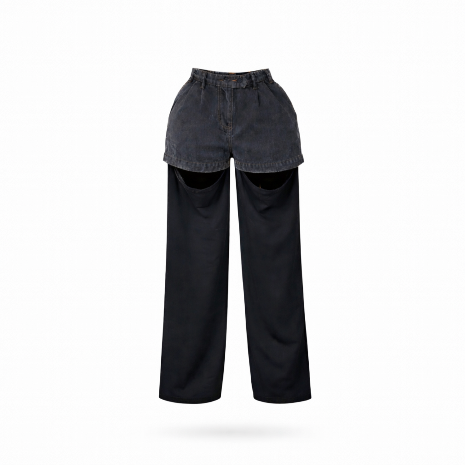 High-waisted denim top slit sweatpants with button closure and attached wide-leg sweatpants. 