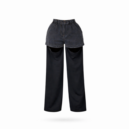 High-waisted denim top slit sweatpants with button closure and attached wide-leg sweatpants. 
