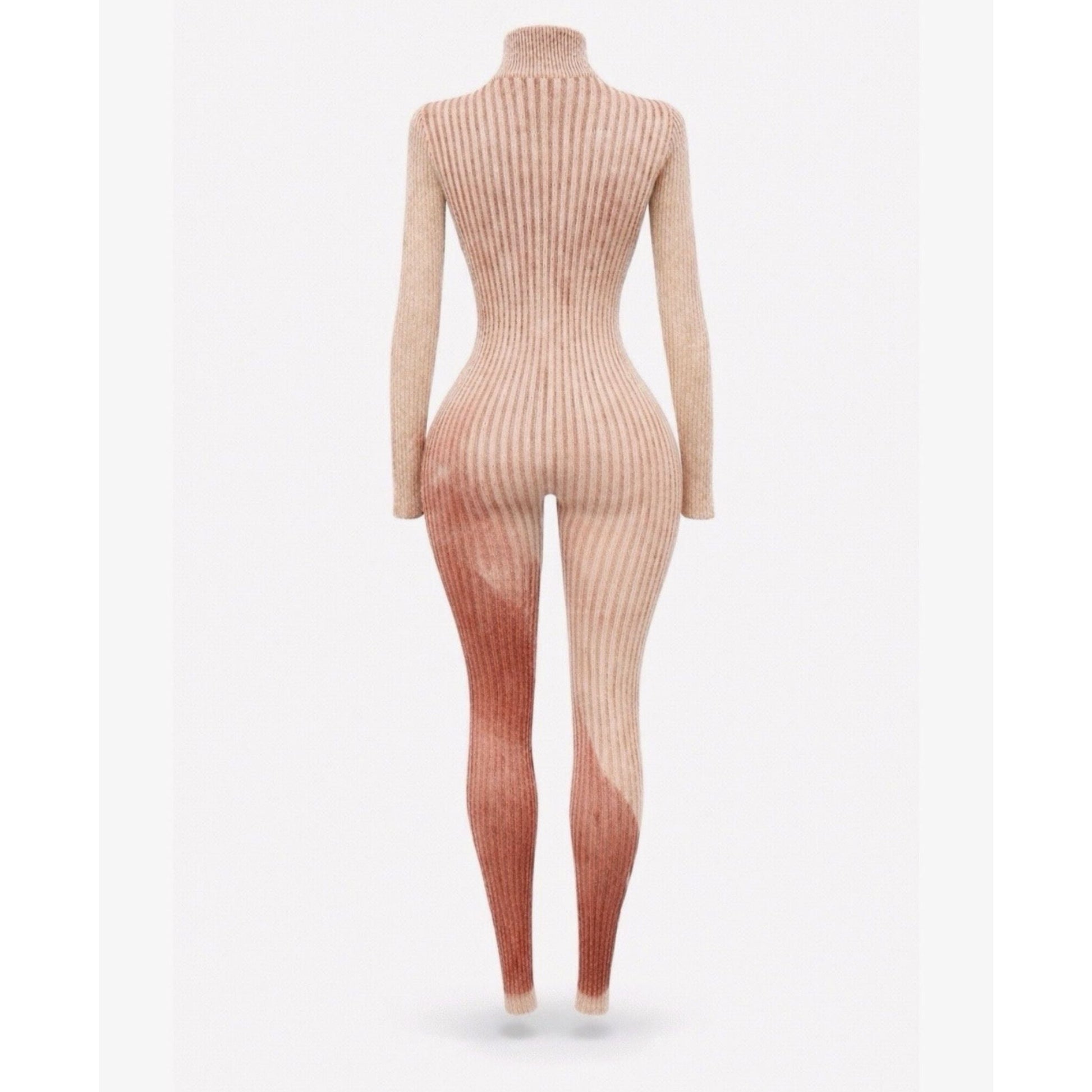 Women’s ribbed ombre jumpsuit in ember fade color, long sleeve fitted body-con silhouette, full length back view. 