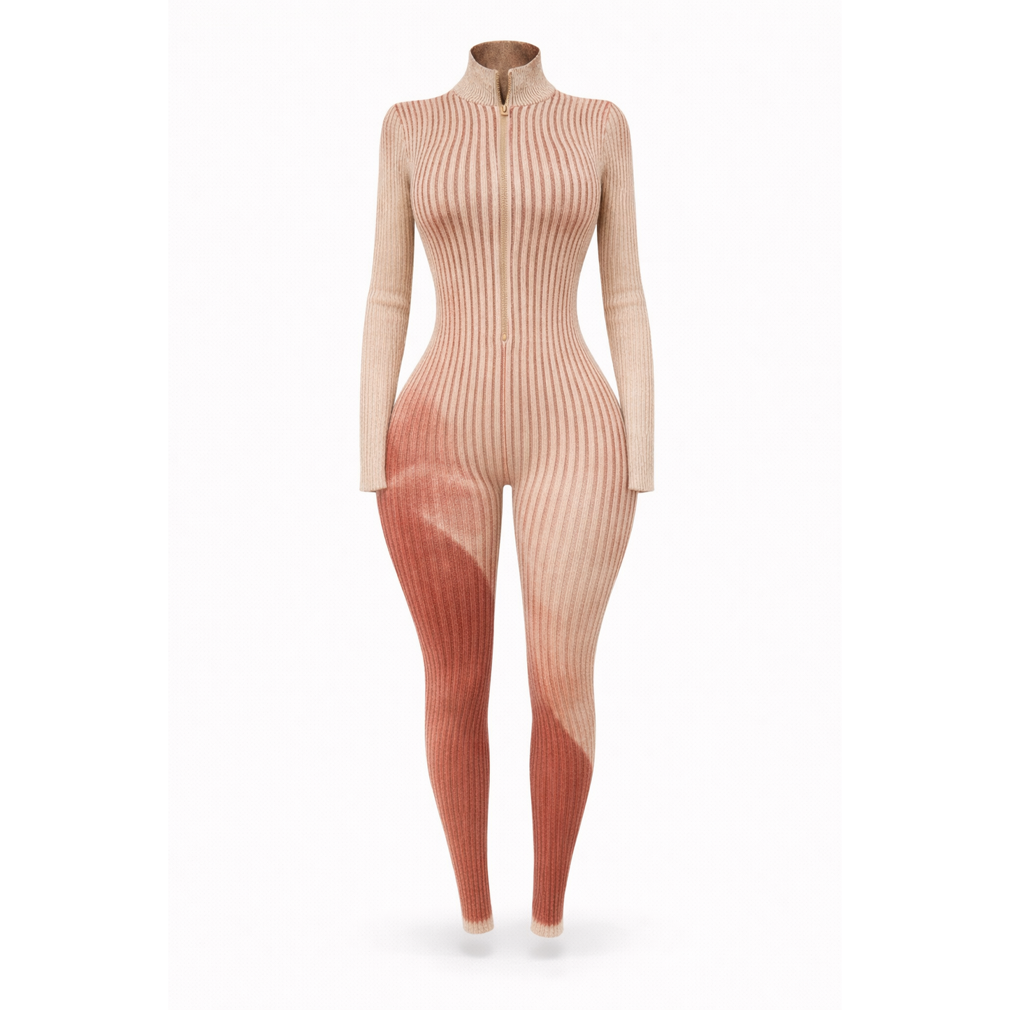 Women’s ribbed ombre jumpsuit in ember fade color, long sleeve zip front fitted body-con one piece outfit. 