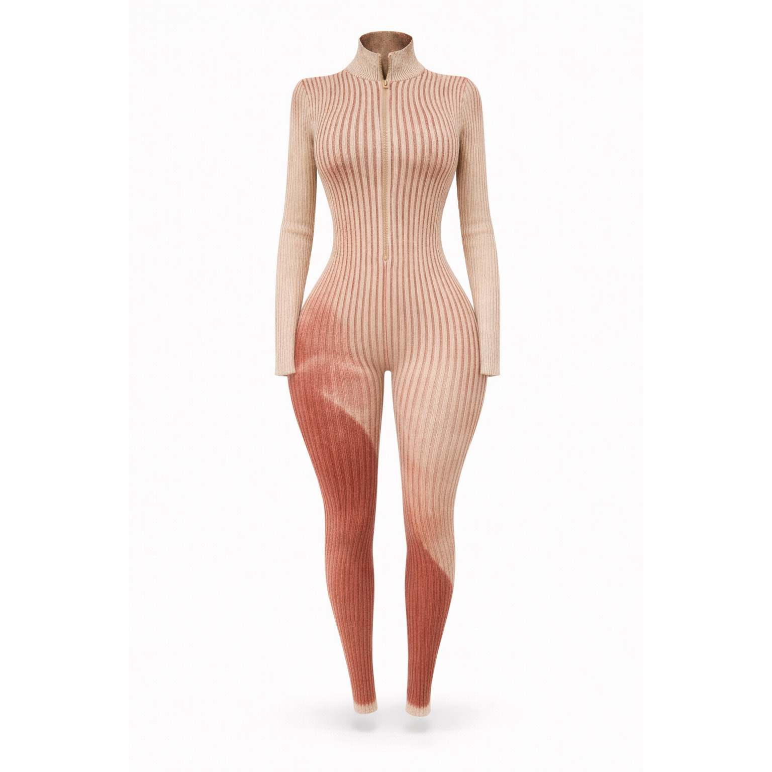 Women’s ribbed ombre jumpsuit in ember fade color, long sleeve zip front fitted body-con one piece outfit. 