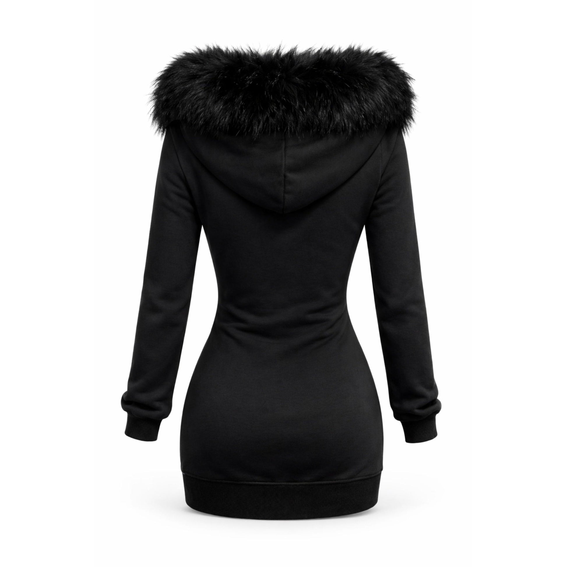 Black hoodie dress with a faux fur-lined hood with drawstrings and long sleeves. 