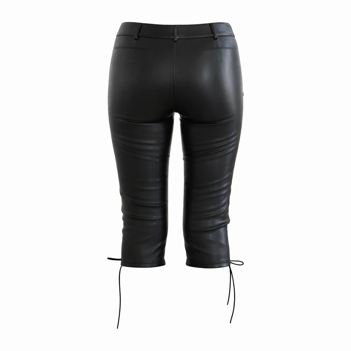 Back view of mid-waist faux leather capri pants.