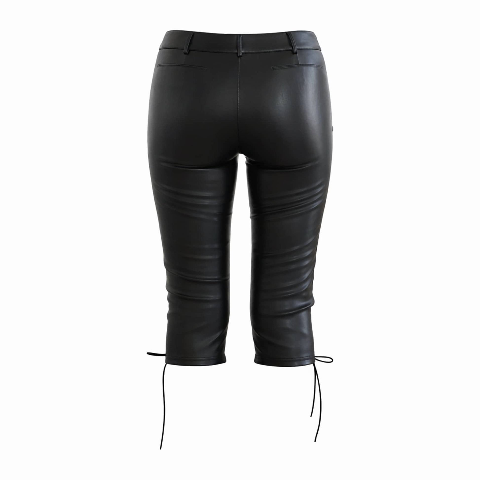 Back view of mid-waist faux leather capri pants.