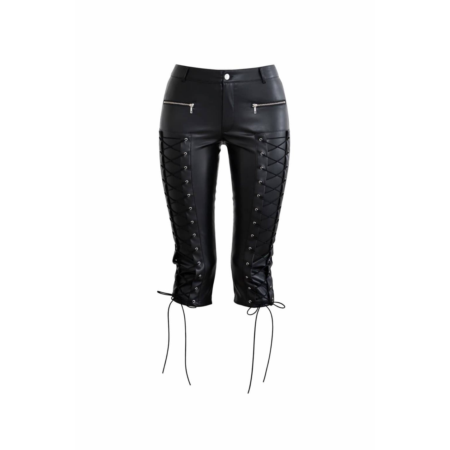 Faux leather lace-up capri pants with a mid-waist fit.