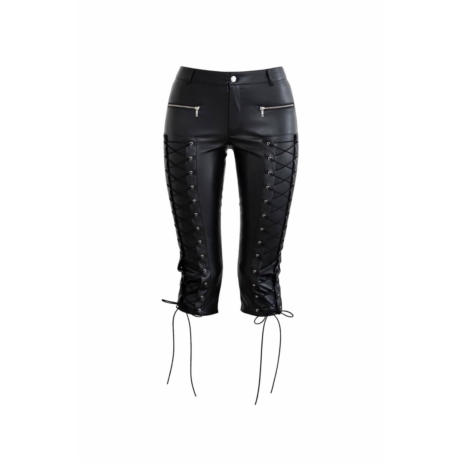 Faux leather lace-up capri pants with a mid-waist fit.