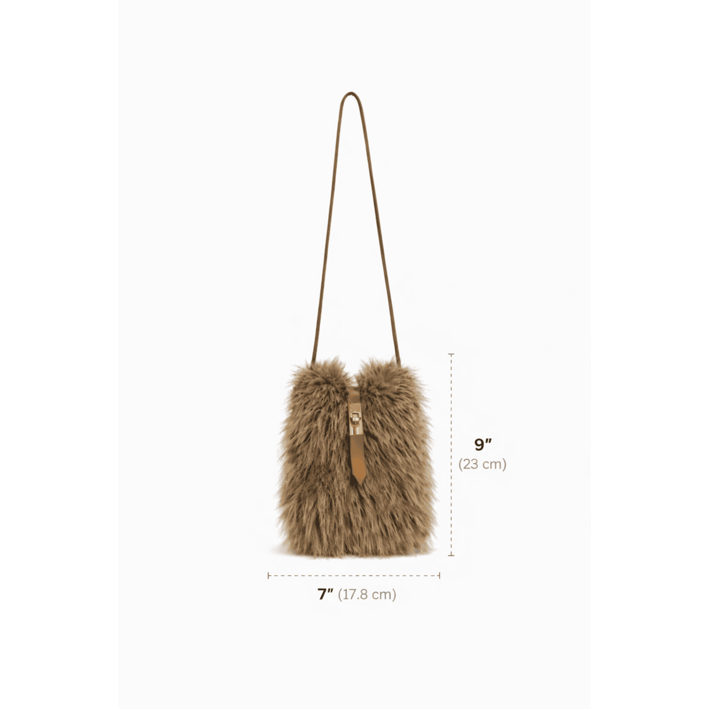 Luxury faux mink crossbody bag measurements showing 9-inch height and 7-inch width.