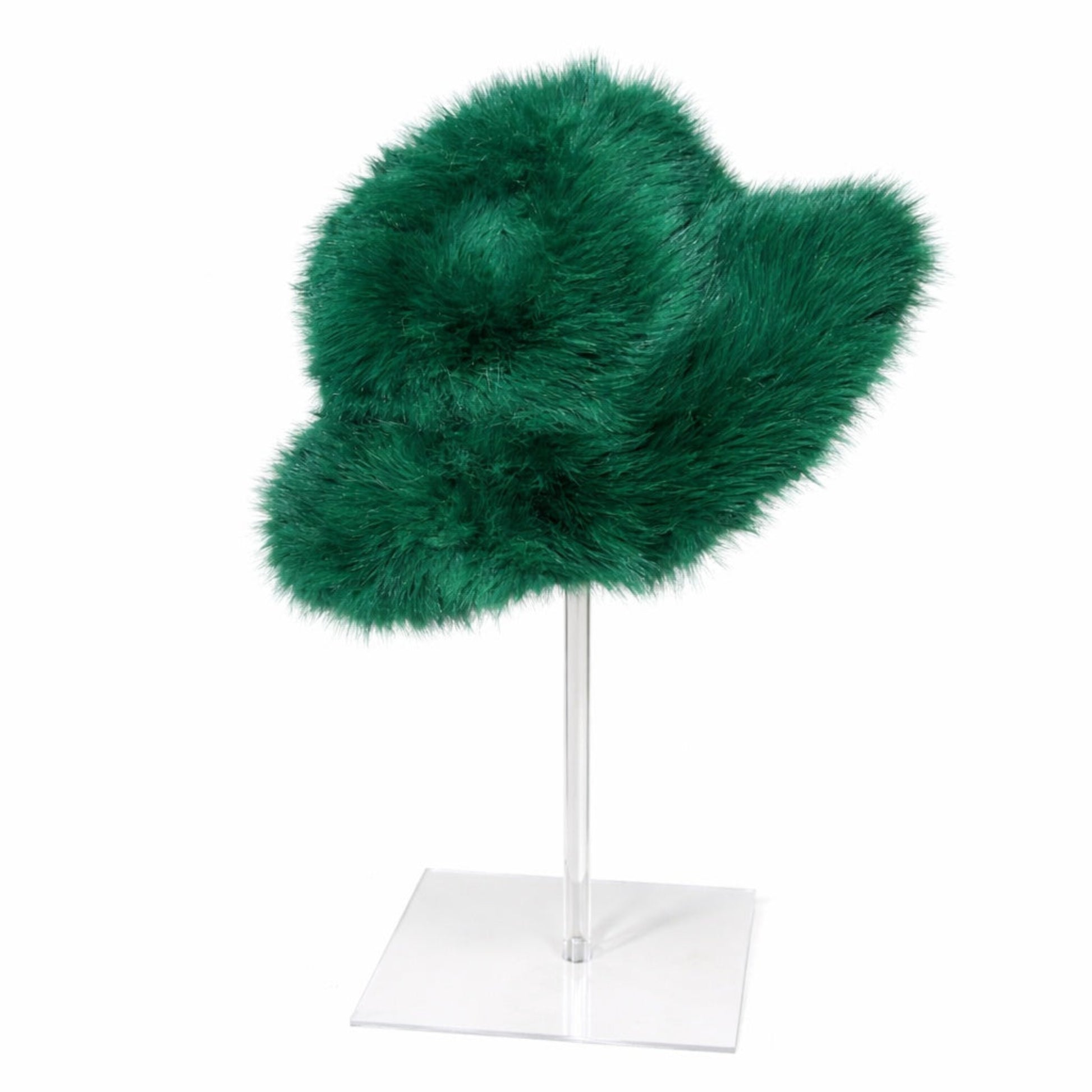 Forest green faux fur wide brim bucket hat.