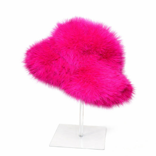 Fuchsia faux fur wide brim bucket hat.