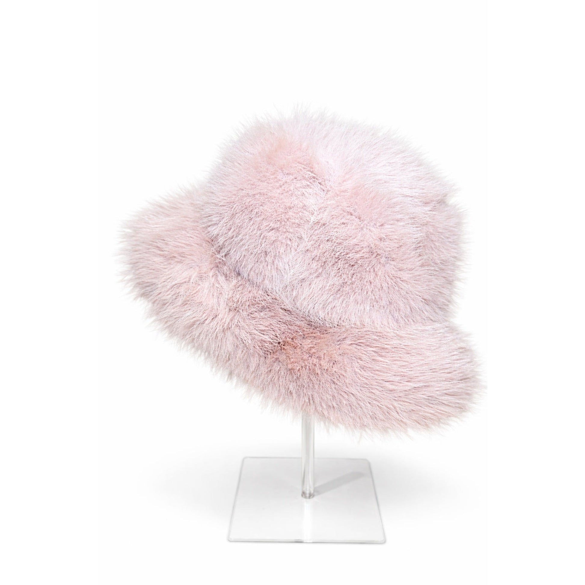 Mauve pink faux fur wide brim bucket hat