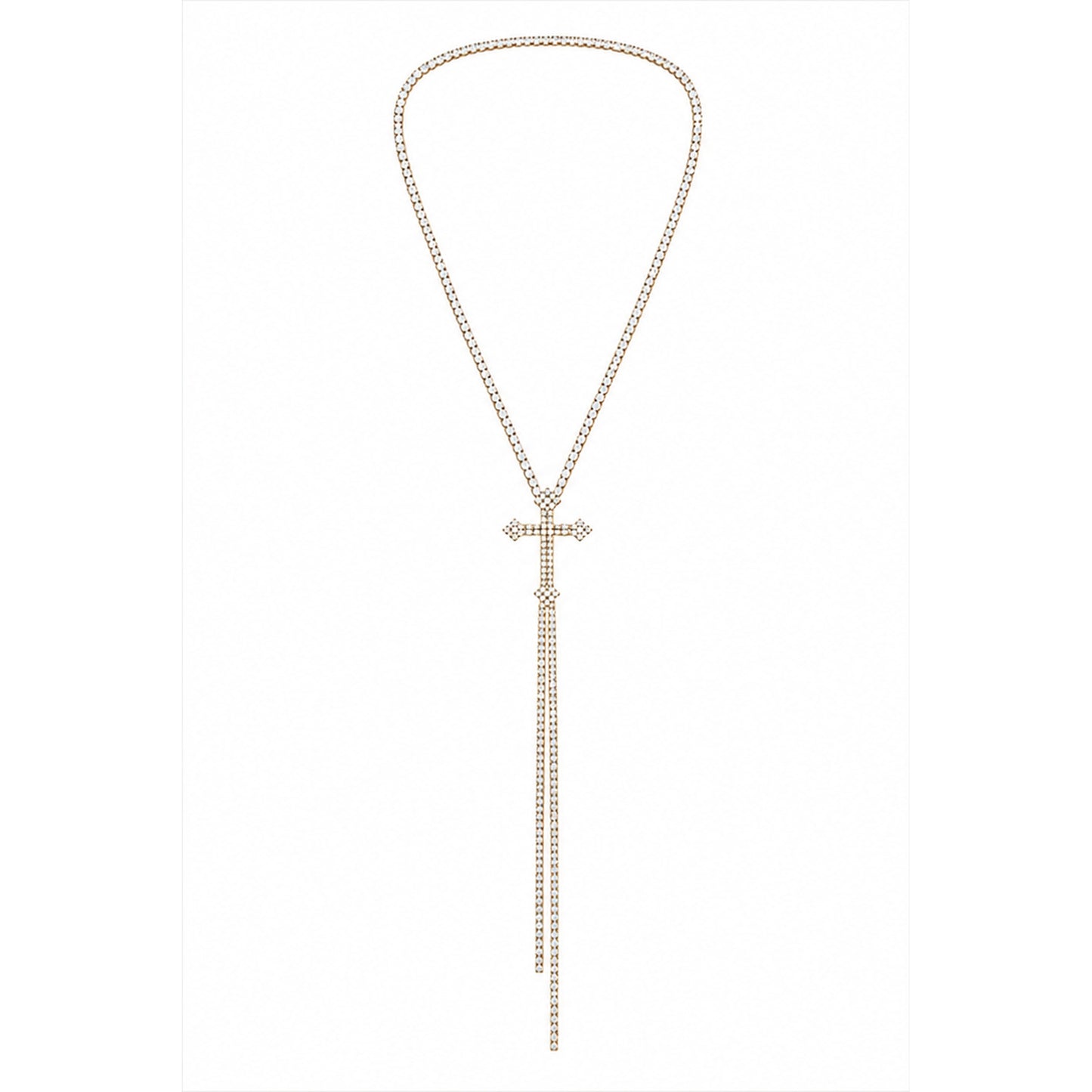 Gold Rhinestone Cross Lariat Necklace with Long Crystal Drop Chain-Women's Statement Jewelry