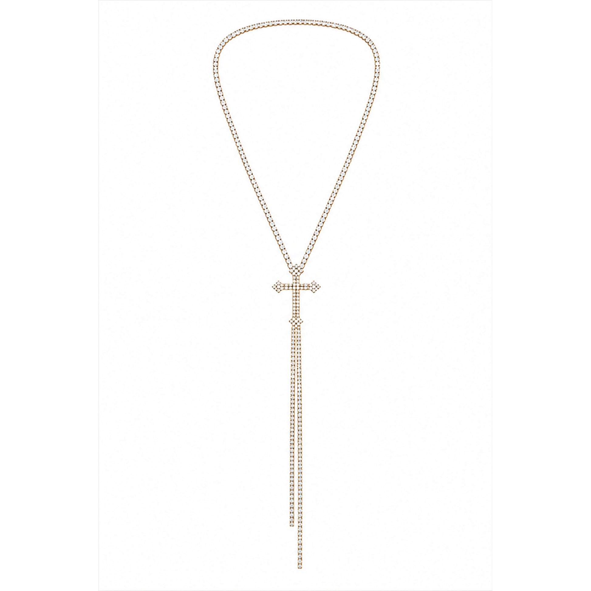 Gold Rhinestone Cross Lariat Necklace with Long Crystal Drop Chain-Women's Statement Jewelry