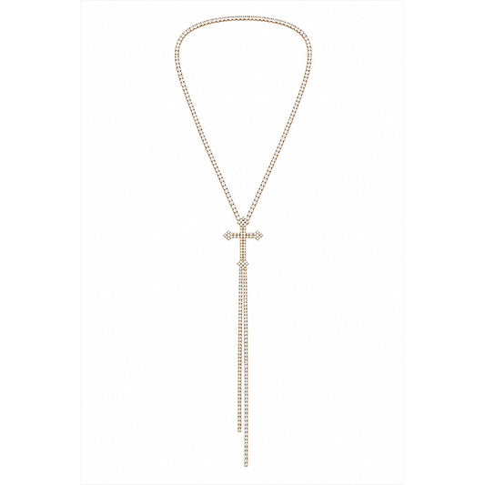 Gold Rhinestone Cross Lariat Necklace with Long Crystal Drop Chain-Women's Statement Jewelry