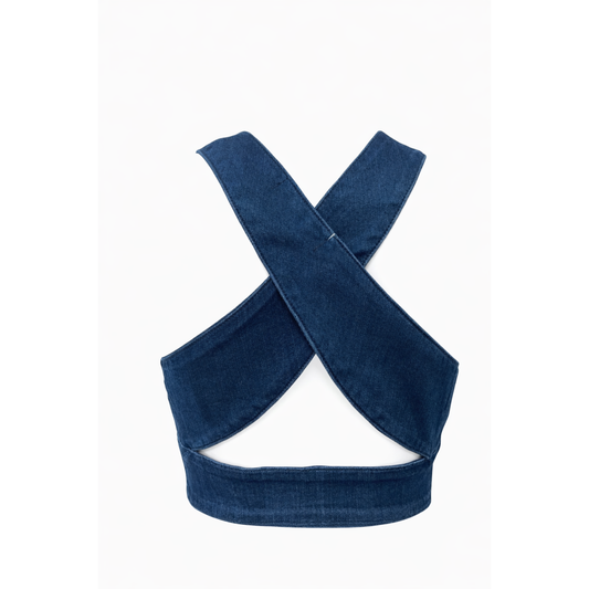 Back view of Grace dark wash denim criss cross crop vest featuring wide cross straps and open back design.