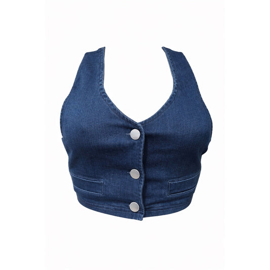 Dark wash denim crop vest with sleeveless design, front button closure, stretch fabric, and criss cross open back detail.
