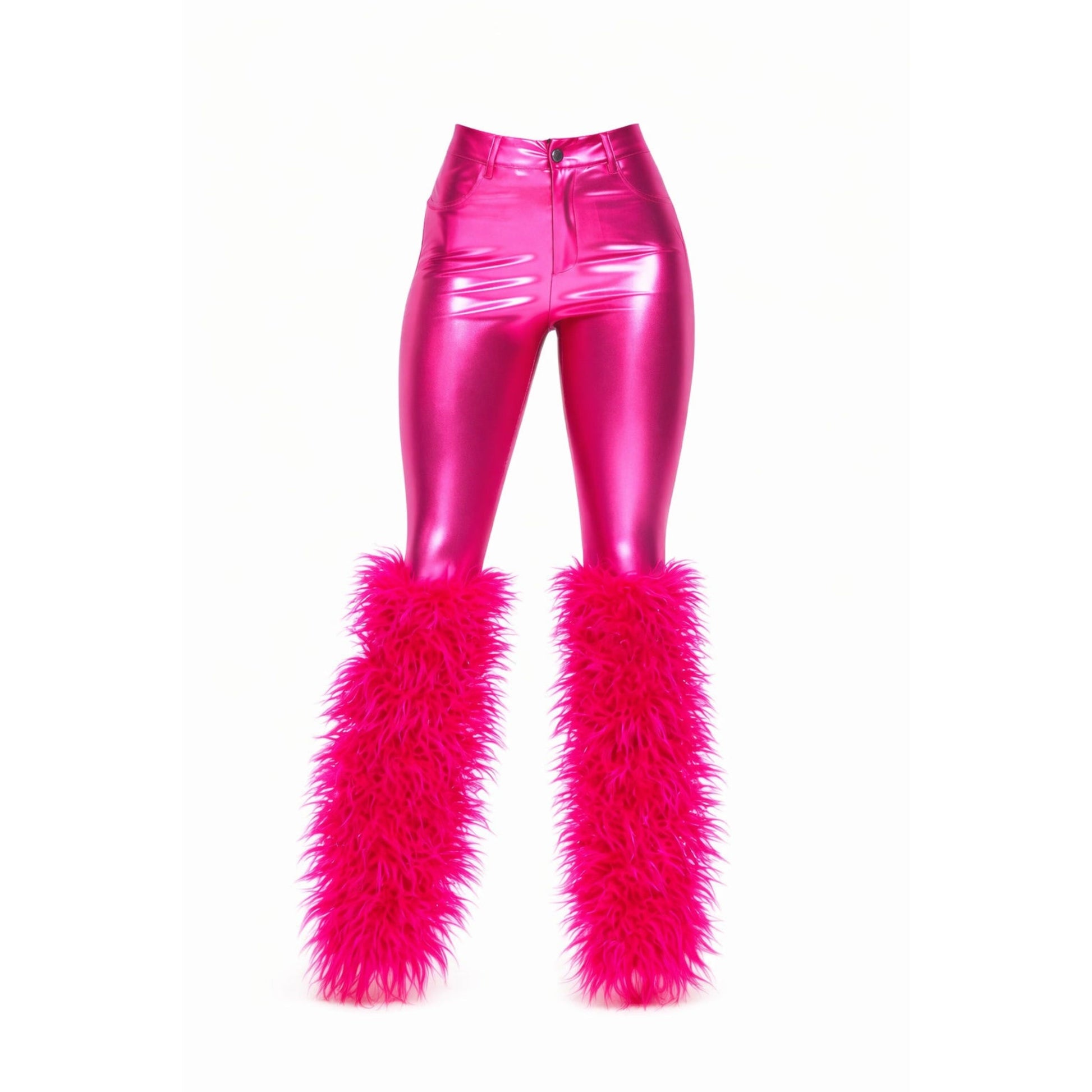 Hot pink shiny faux leather skinny pants with faux fur leg embellishment.