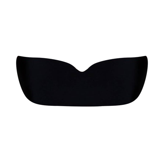 Front view of black seamless support adhesive bra with silicone adhesive back, front fabric, and sweetheart-shaped bust for cleavage.