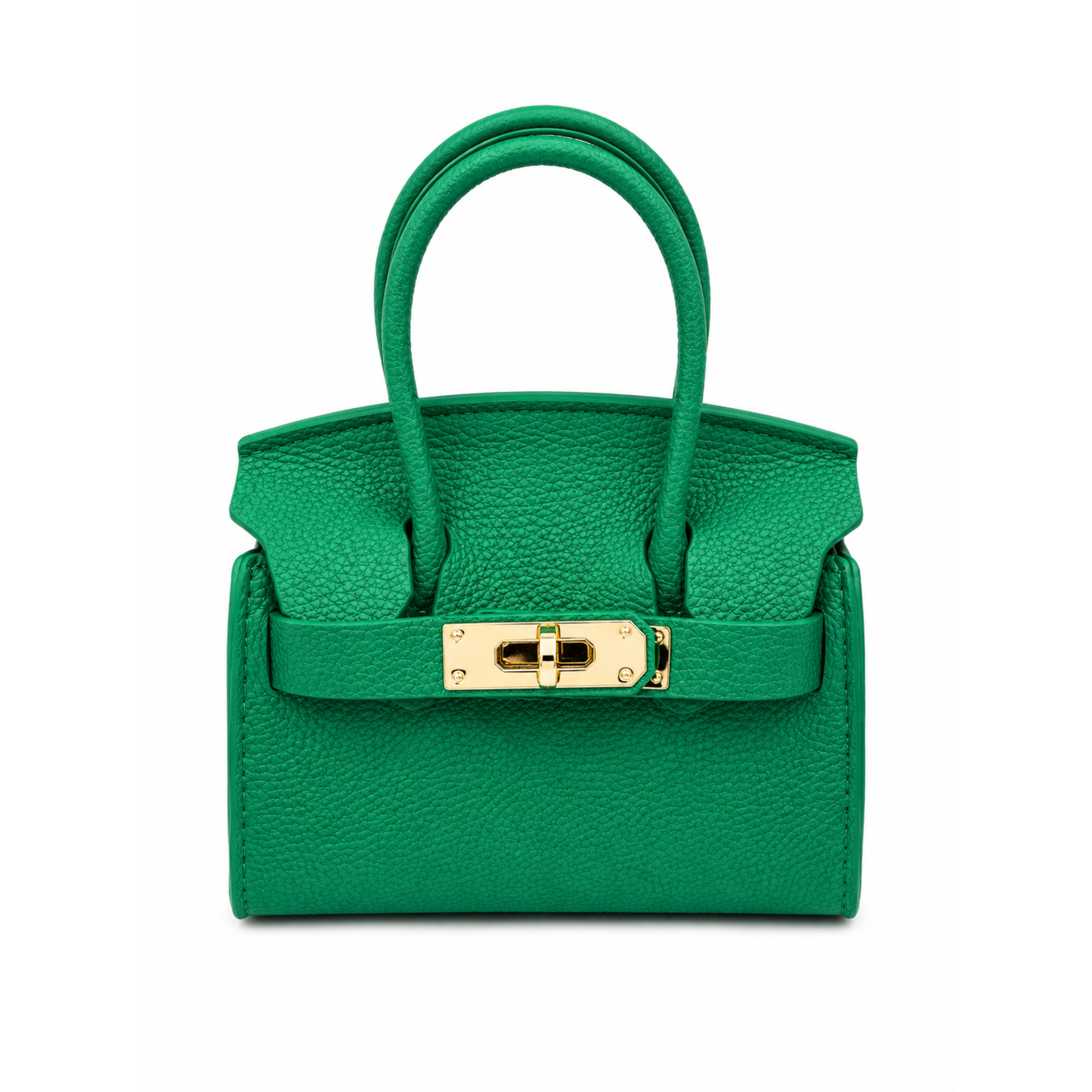 Jewel green mini satchel handbag with detachable shoulder strap, structured silhouette, dual top handles, gold-tone hardware, and textured finish.